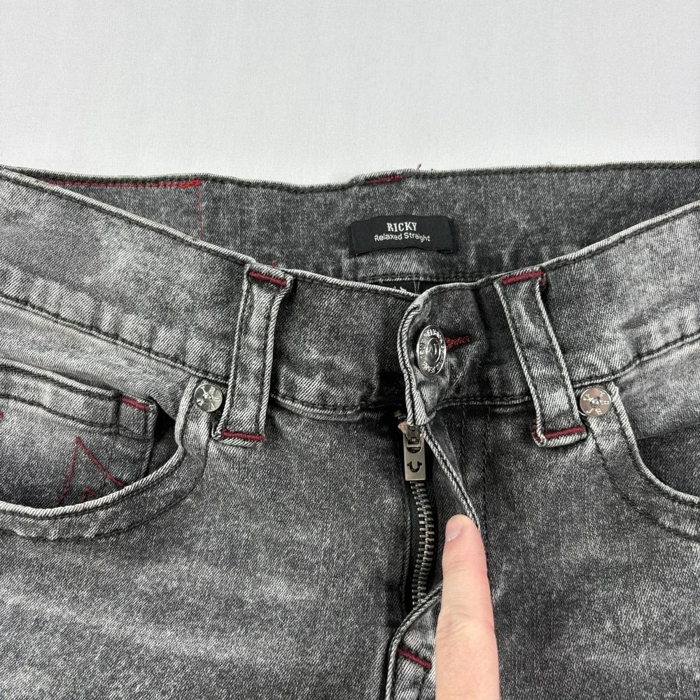 True Religion Jeans Mens 30x33 Gray Ricky Relaxed Straight Stretch Denim